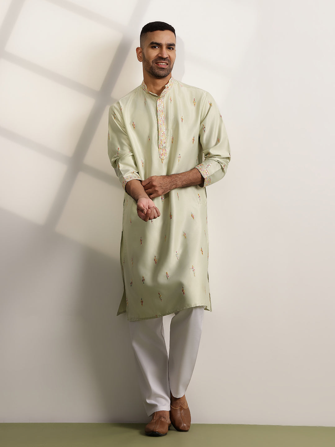 Men's Cotton Embroidered Ethnic Motif Pista Long Kurta