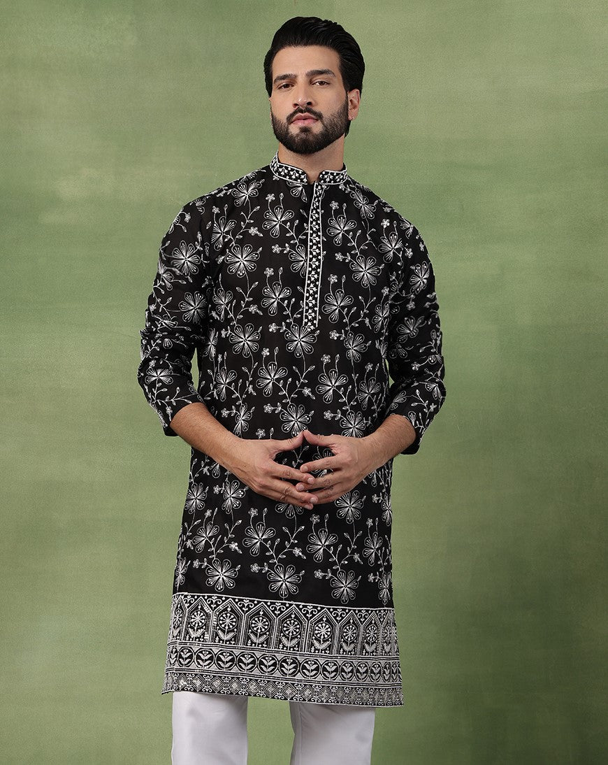 Men's Cotton Black Long Kurta with All over floral Embroidery