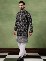 Men's Cotton Black Long Kurta with All over floral Embroidery