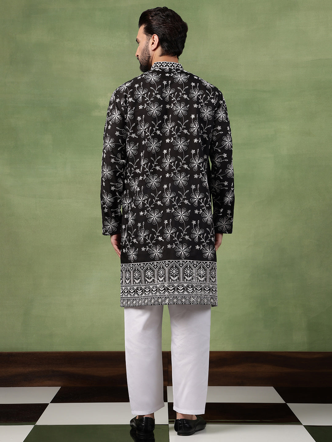 Men's Cotton Black Long Kurta with All over floral Embroidery