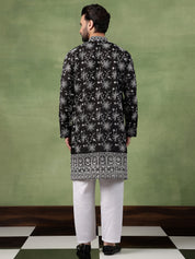Men's Cotton Black Long Kurta with All over floral Embroidery