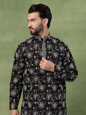 Men's Cotton Black Long Kurta with All over floral Embroidery