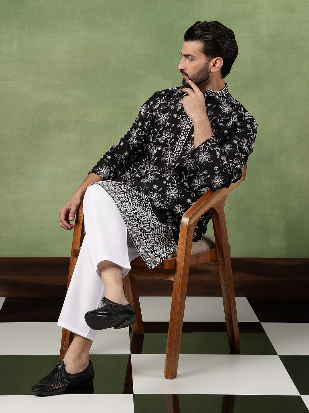 Men's Cotton Black Long Kurta with All over floral Embroidery