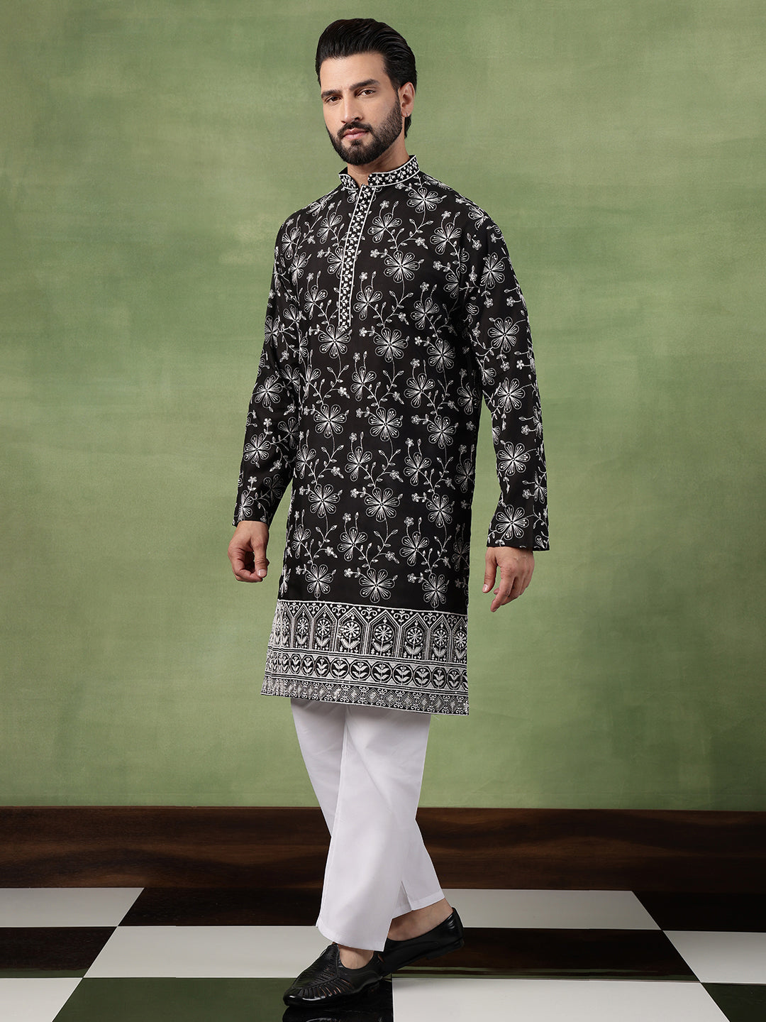 Men's Cotton All Over Floral Embroidered Black Kurta With Pyjama