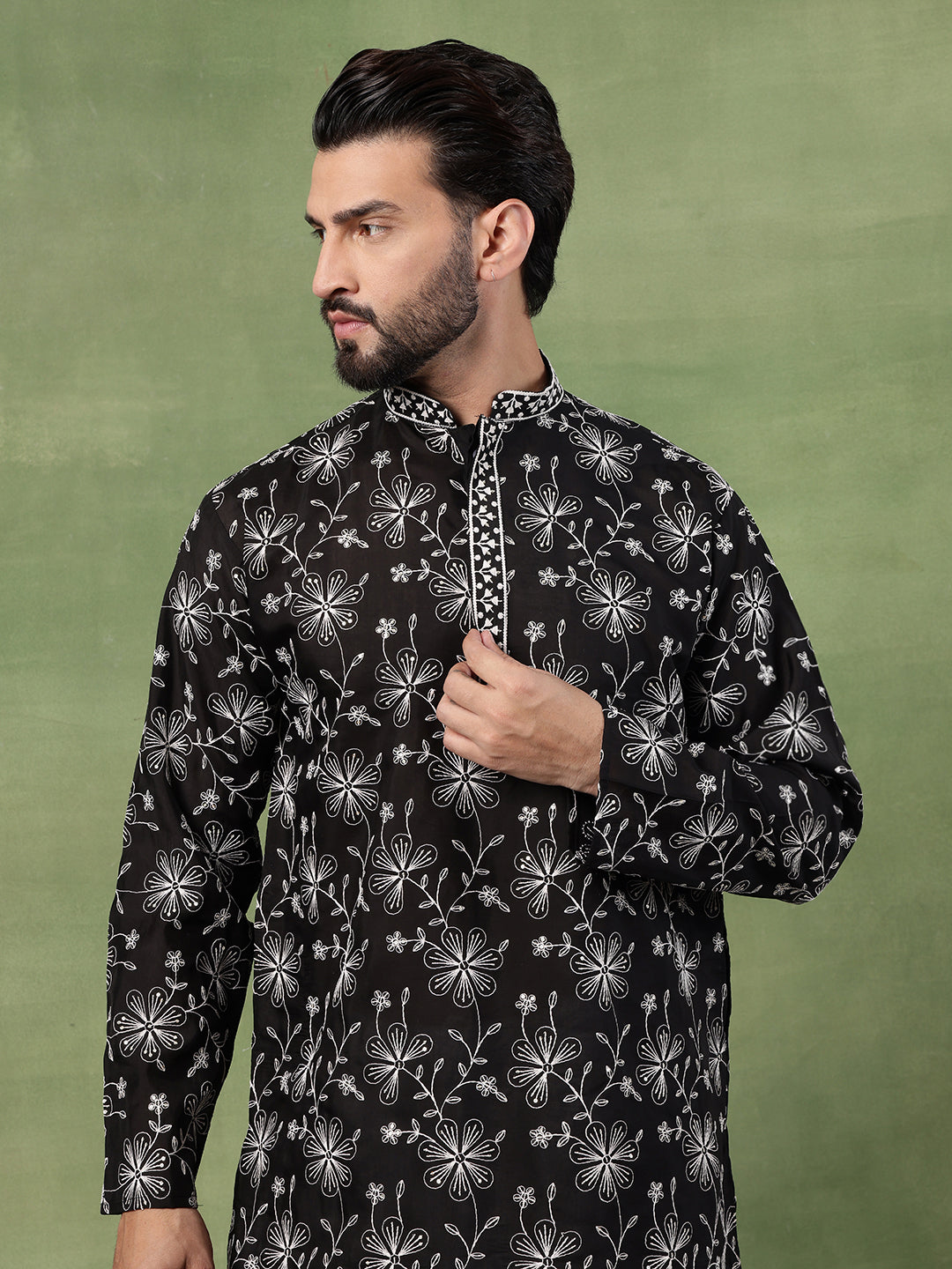 Men's Cotton All Over Floral Embroidered Black Kurta With Pyjama
