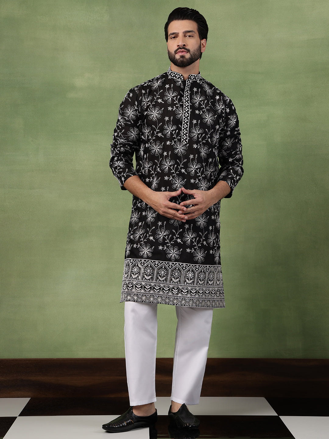 Men's Cotton All Over Floral Embroidered Black Kurta With Pyjama