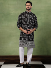 Men's Cotton All Over Floral Embroidered Black Kurta With Pyjama