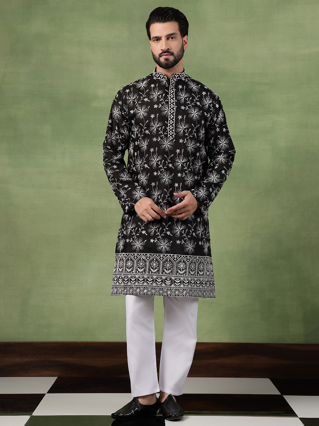 Men's Cotton All Over Floral Embroidered Black Kurta With Pyjama