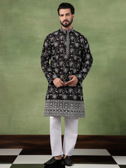 Men's Cotton All Over Floral Embroidered Black Kurta With Pyjama