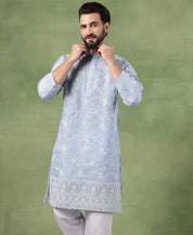 Men's Cotton Blue Long Kurta with All over floral Embroidery