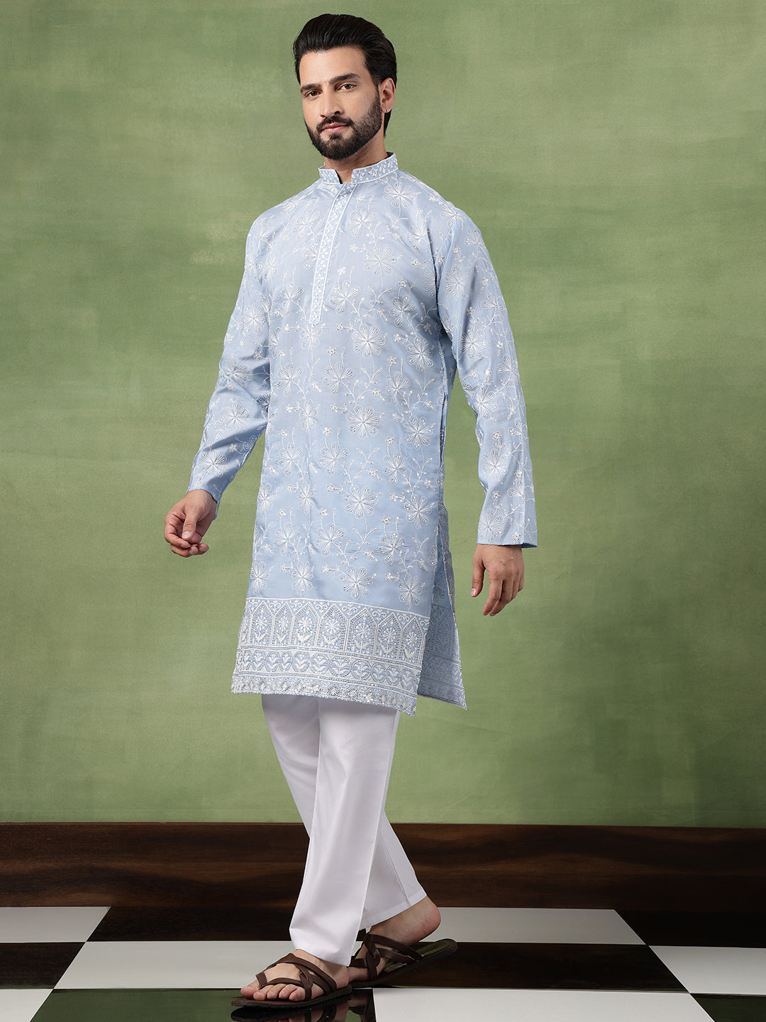 Men's Cotton Blue Long Kurta with All over floral Embroidery
