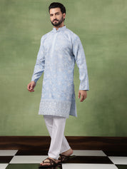 Men's Cotton Blue Long Kurta with All over floral Embroidery