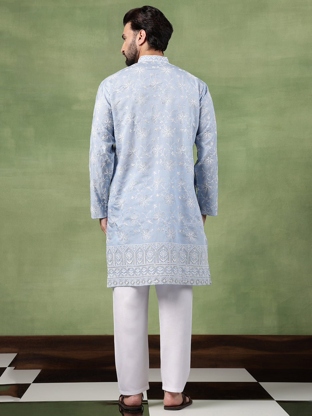 Men's Cotton Blue Long Kurta with All over floral Embroidery