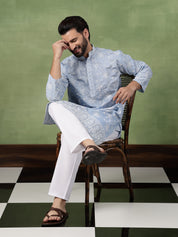 Men's Cotton Blue Long Kurta with All over floral Embroidery