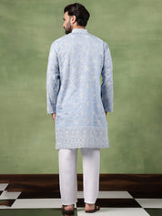 Men's Cotton All Over Floral Embroidered Blue Kurta With Pyjama