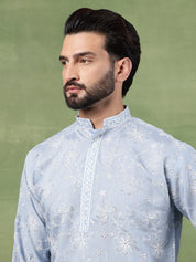 Men's Cotton All Over Floral Embroidered Blue Kurta With Pyjama