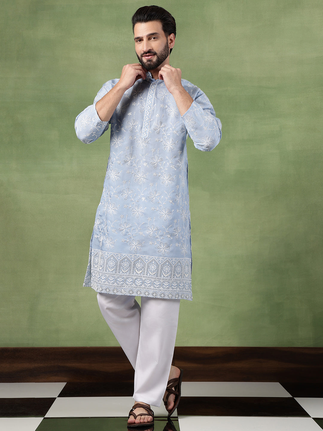 Men's Cotton All Over Floral Embroidered Blue Kurta With Pyjama