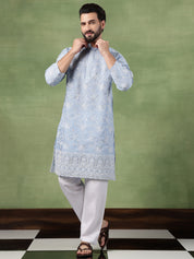 Men's Cotton All Over Floral Embroidered Blue Kurta With Pyjama