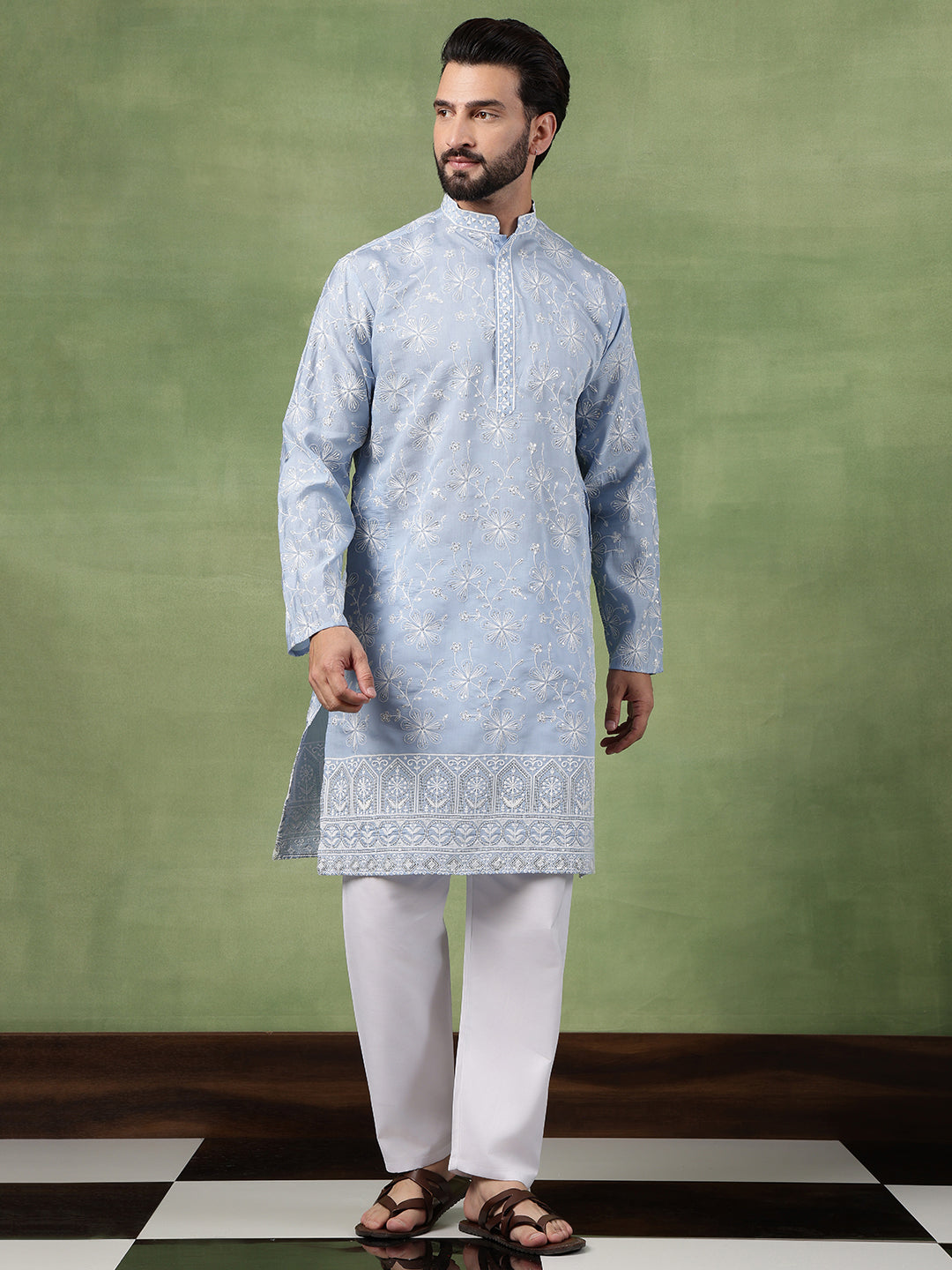 Men's Cotton All Over Floral Embroidered Blue Kurta With Pyjama