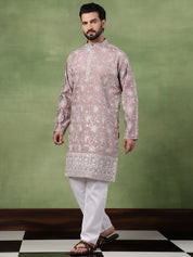 Men's Cotton Pink Long Kurta with All over floral Embroidery