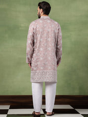 Men's Cotton Pink Long Kurta with All over floral Embroidery