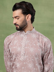 Men's Cotton Pink Long Kurta with All over floral Embroidery