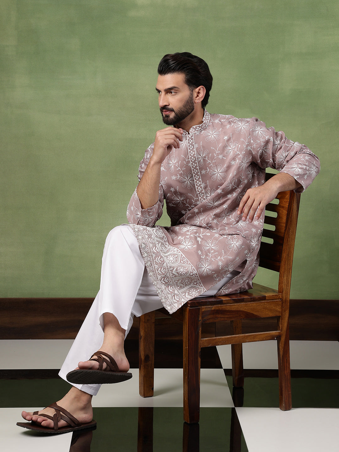 Men's Cotton Pink Long Kurta with All over floral Embroidery