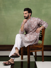 Men's Cotton Pink Long Kurta with All over floral Embroidery