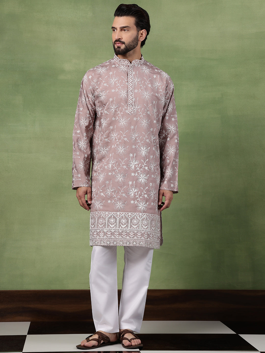 Men's Cotton Pink Long Kurta with All over floral Embroidery