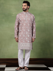 Men's Cotton Pink Long Kurta with All over floral Embroidery