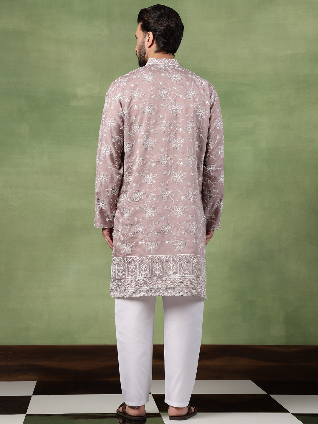 Men's Cotton All Over Floral Embroidered Pink Kurta With Pyjama