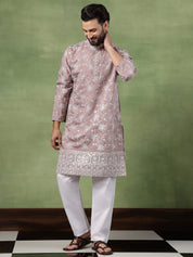 Men's Cotton All Over Floral Embroidered Pink Kurta With Pyjama