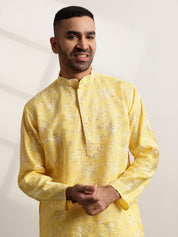 Men's Cotton Yellow Long Kurta with All over Floral Embroidery