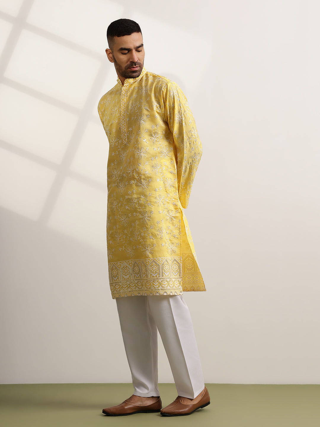 Men's Cotton Yellow Long Kurta with All over Floral Embroidery