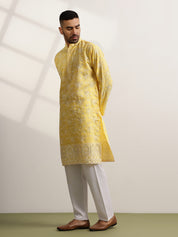 Men's Cotton Yellow Long Kurta with All over Floral Embroidery