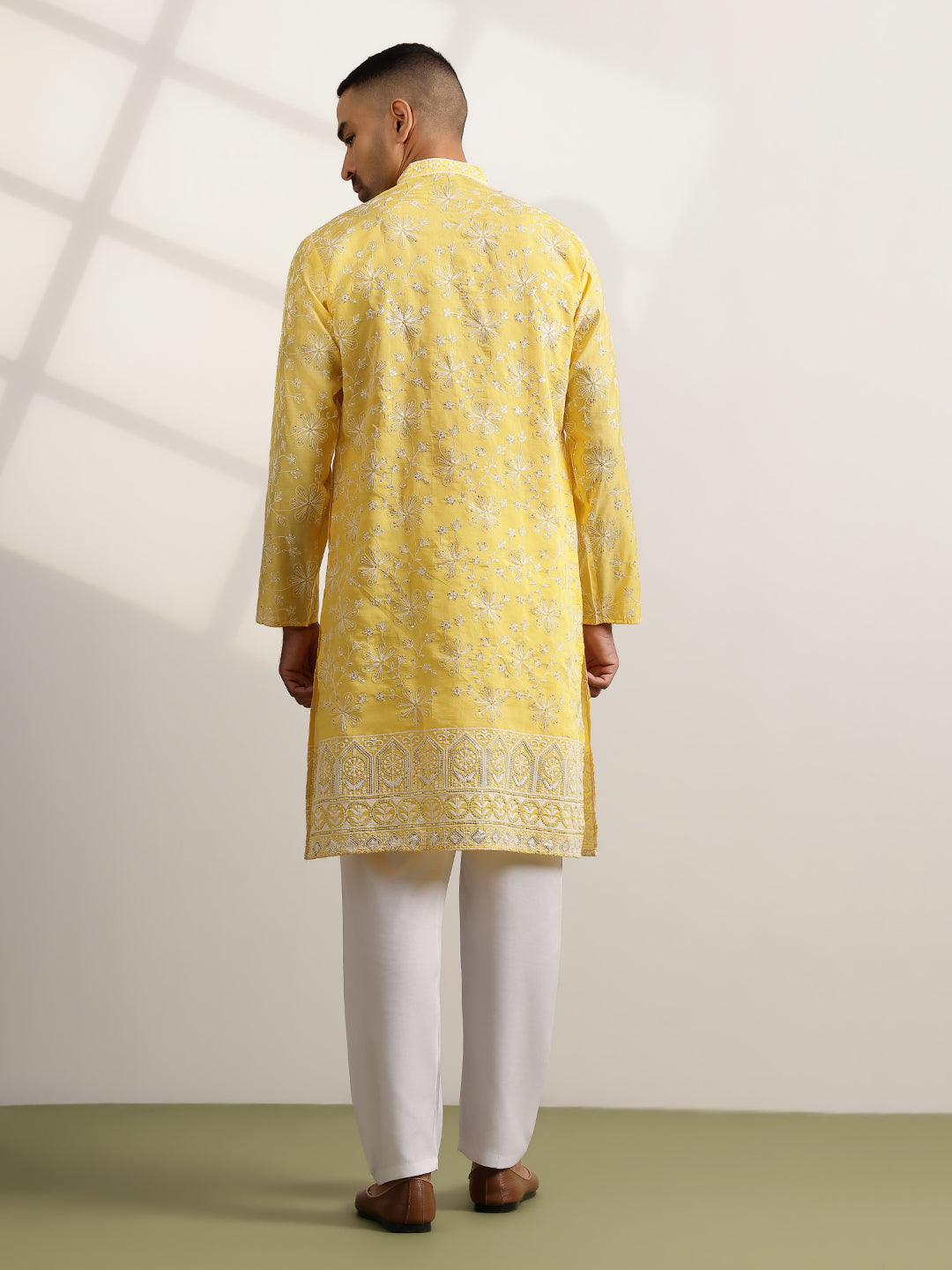Men's Cotton Yellow Long Kurta with All over Floral Embroidery