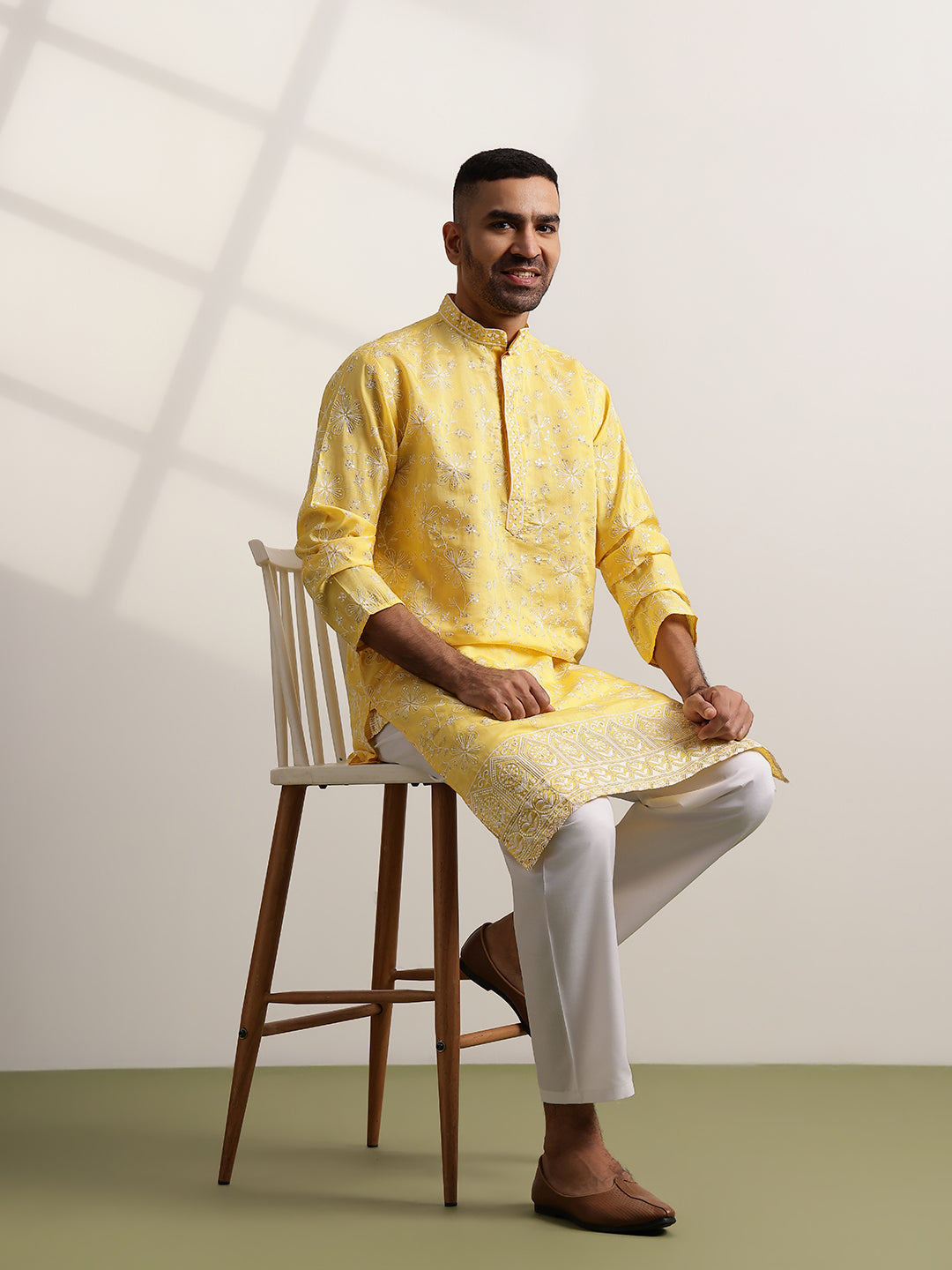 Men's Cotton Yellow Long Kurta with All over Floral Embroidery