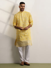 Men's Cotton Yellow Long Kurta with All over Floral Embroidery