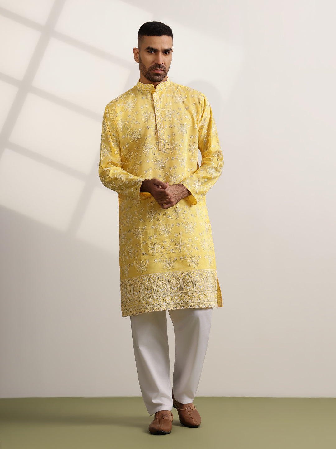 Men's Cotton Yellow Long Kurta with All over Floral Embroidery
