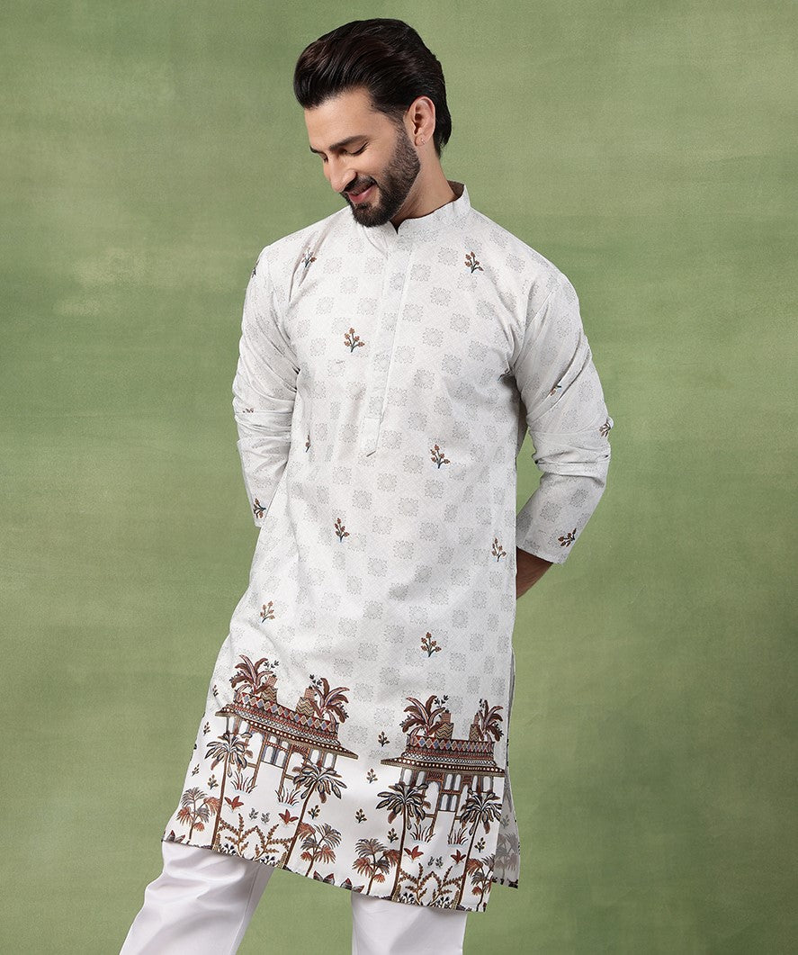 Men’s Cotton Daman Printed Pista Green Long Kurta