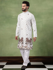 Men’s Cotton Daman Printed Pista Green Long Kurta