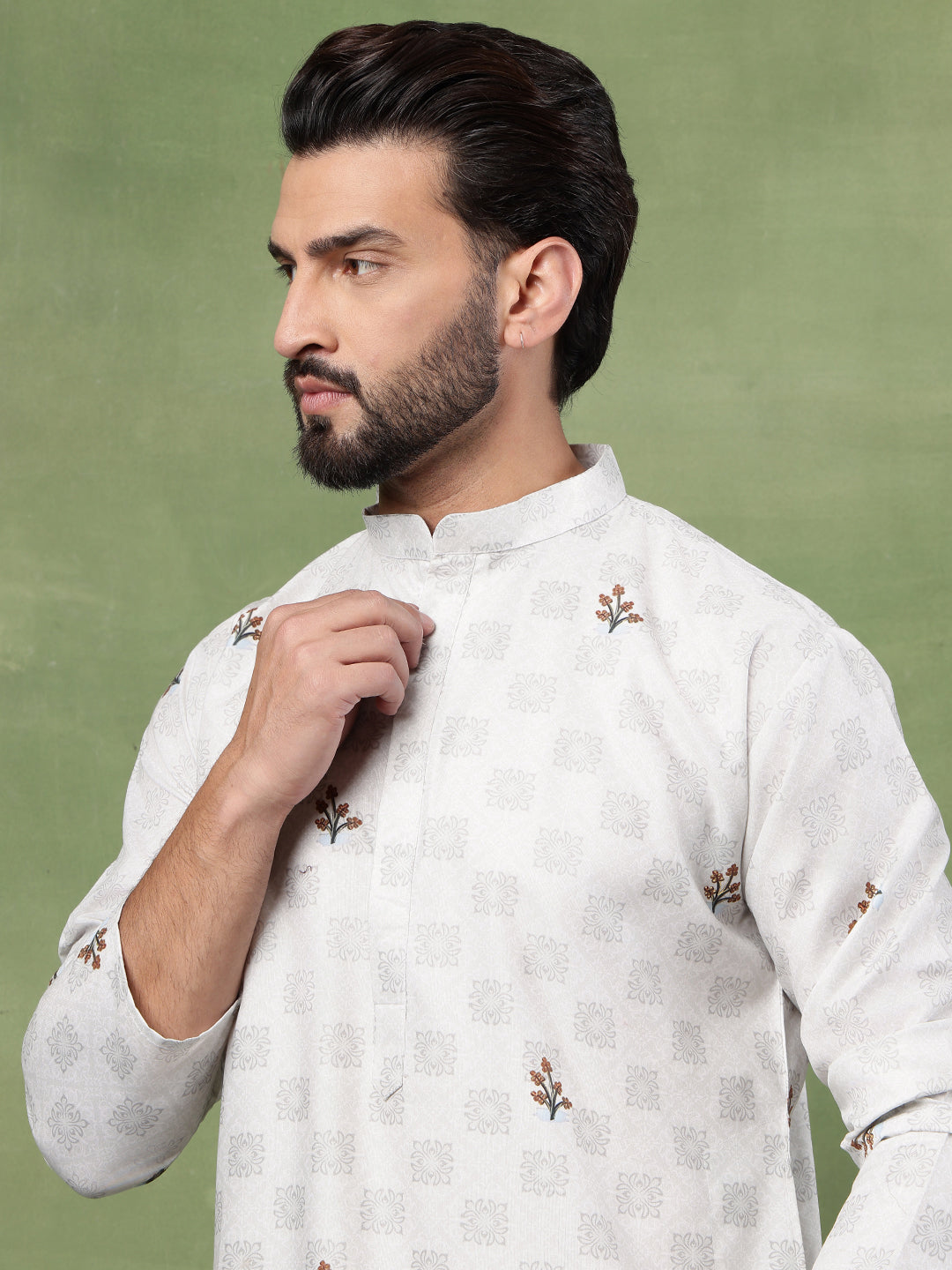 Men’s Cotton Daman Printed Pista Green Long Kurta