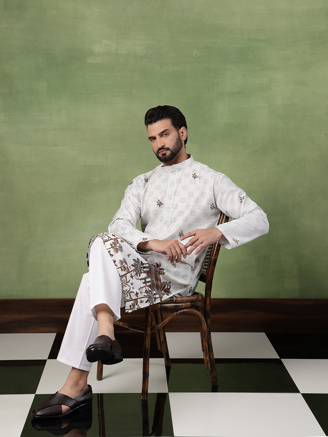 Men’s Cotton Daman Printed Pista Green Kurta With Pyjama