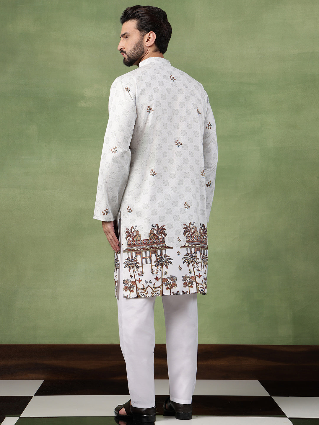 Men’s Cotton Daman Printed Pista Green Kurta With Pyjama