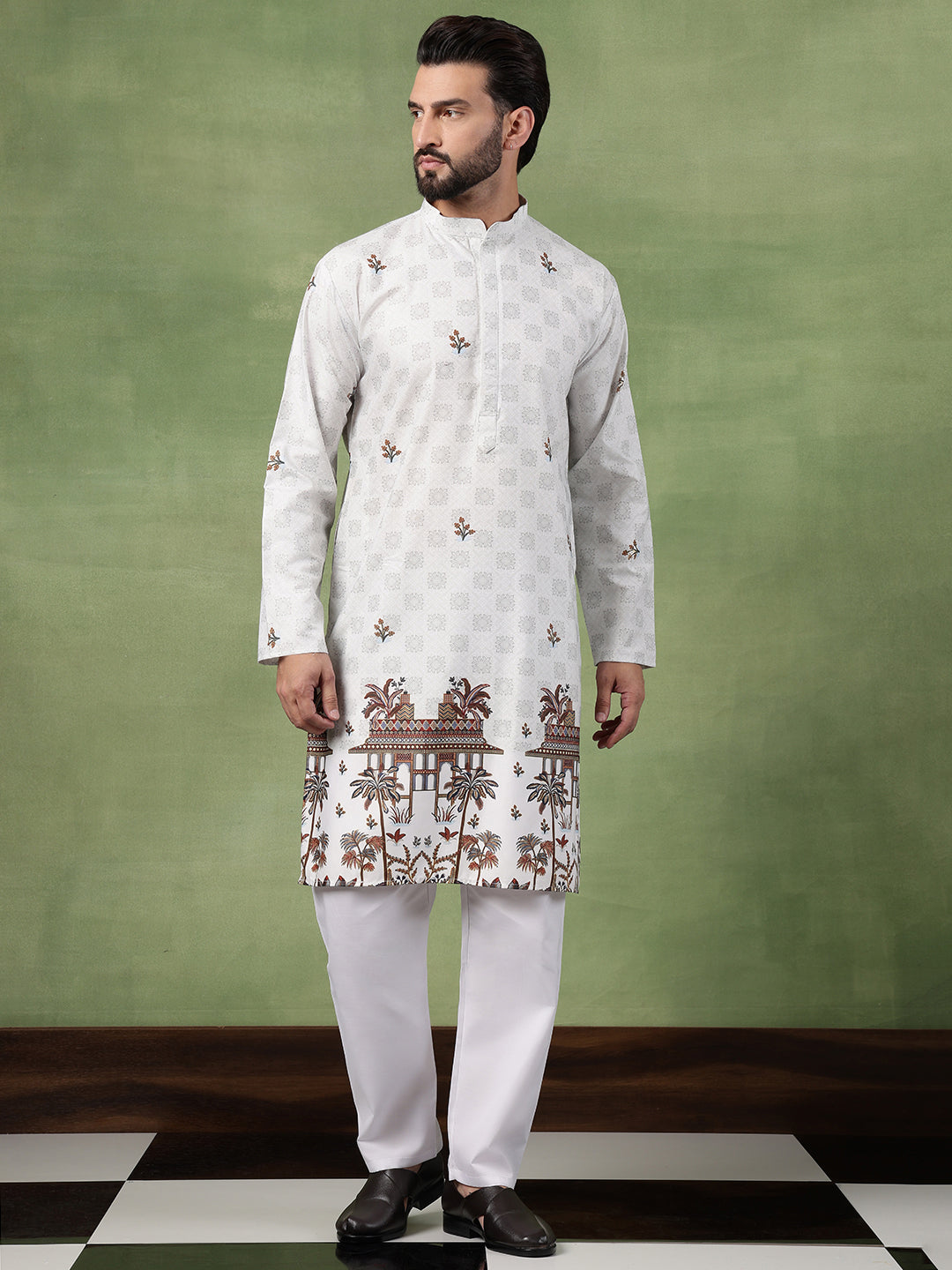 Men’s Cotton Daman Printed Pista Green Kurta With Pyjama