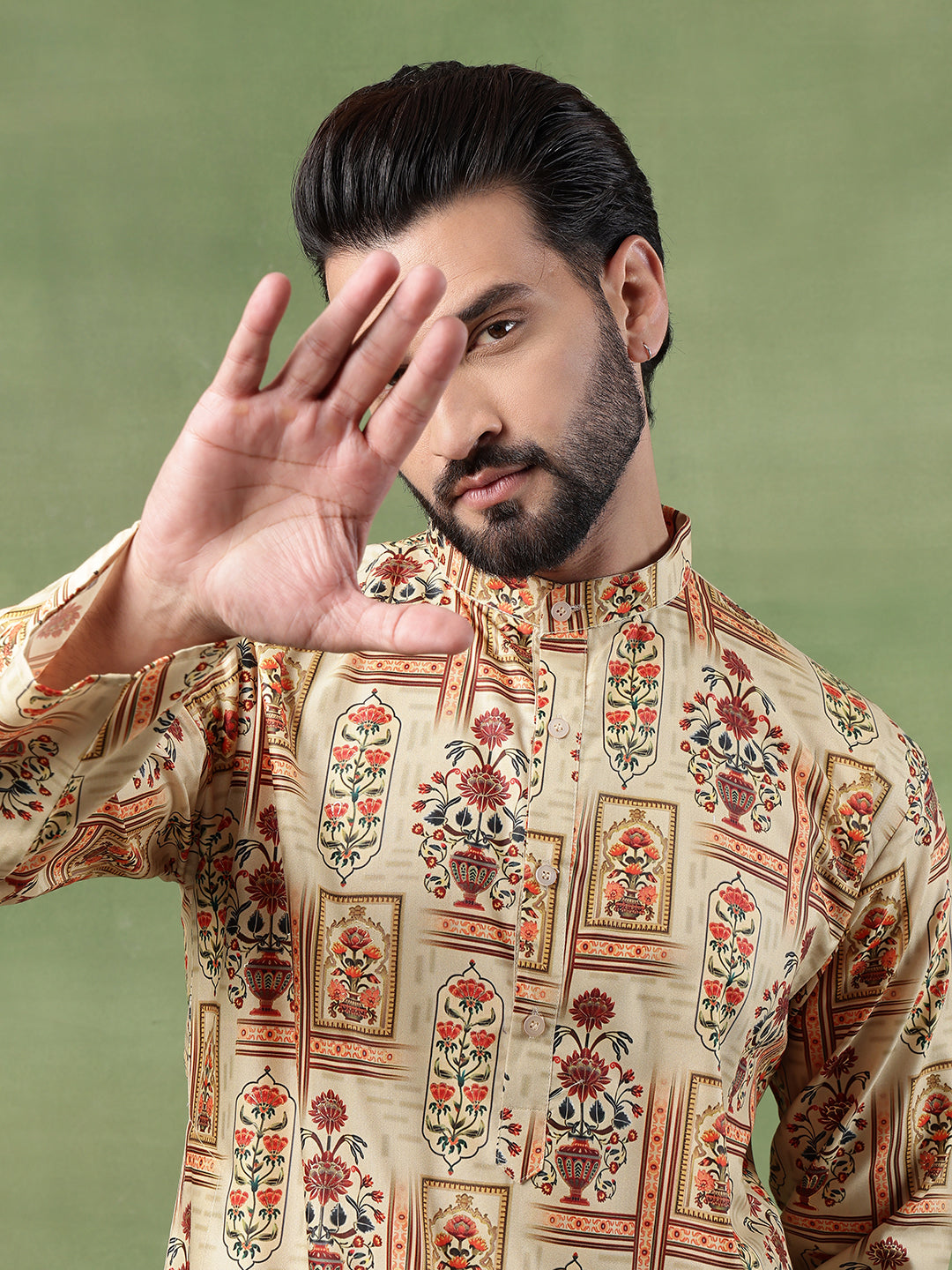 Men's Cotton Printed Floral Frame Motifs Green Long Kurta