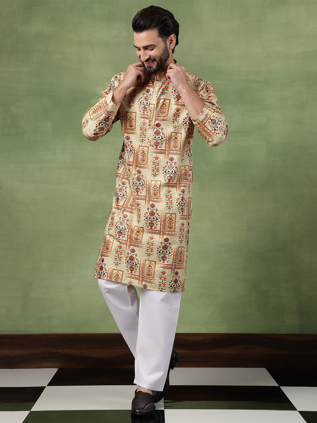 Men's Cotton Printed Floral Frame Motifs Green Long Kurta