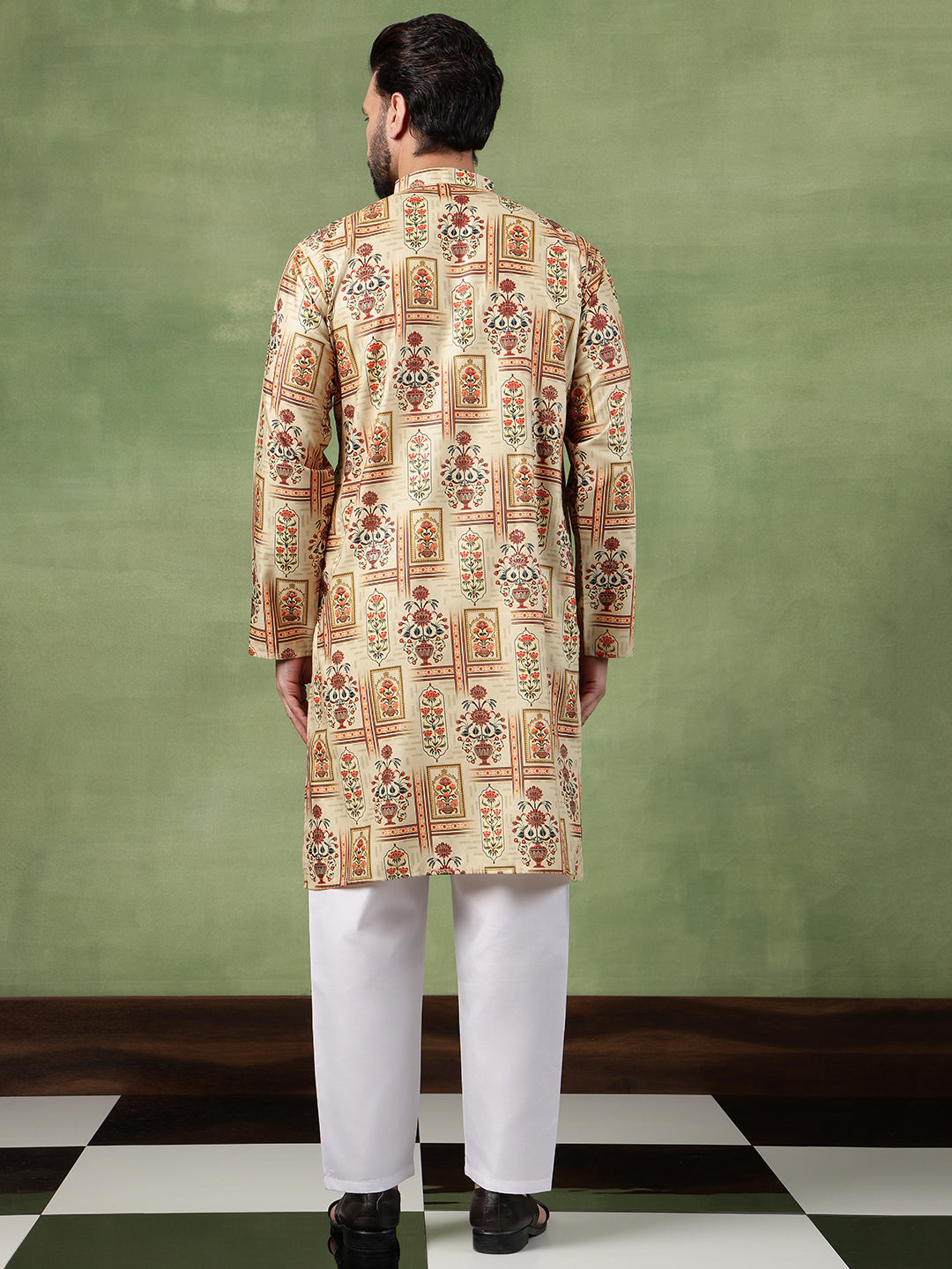 Men's Cotton Printed Floral Frame Motifs Green Long Kurta