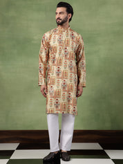Men's Cotton Printed Floral Frame Motifs Green Long Kurta