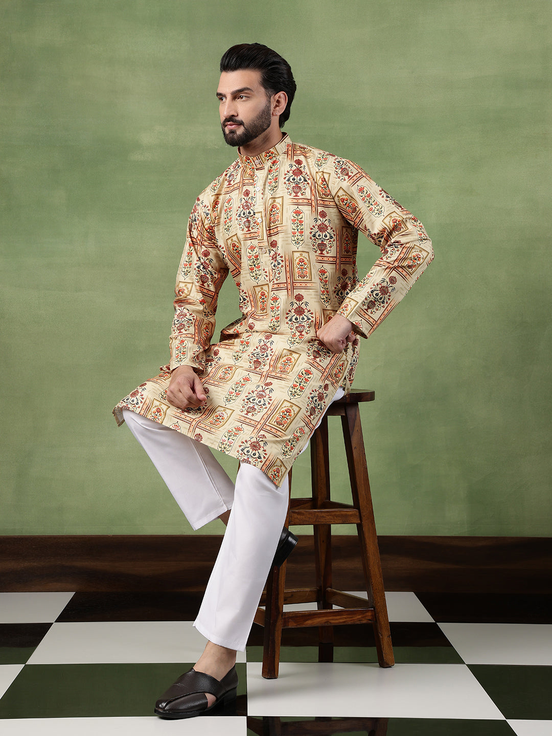 Men's Cotton Printed Floral Frame Motifs Green Long Kurta